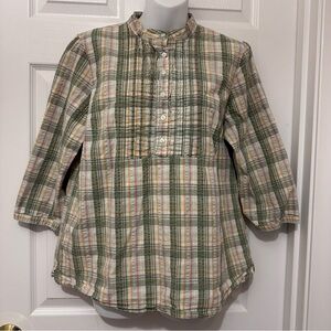 LL Bean Women's L Plaid Tunic Top Textured Cotton Popover 3/4 Sleeve Band Collar